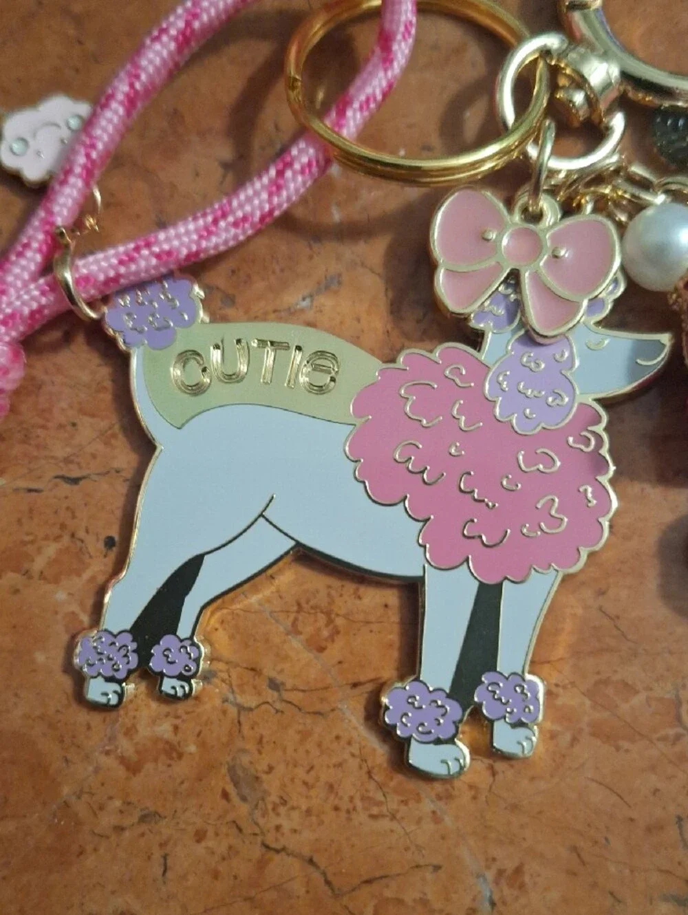 Kids Pink Poodle Charm Keychain Bag Charm with Floral Accents